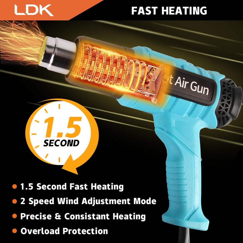 LDK Heat Gun, 140°F~1100°F Variable Temperature Control Heating Gun, 1.5s Fast Heating Heavy Duty Hot Air Gun Kit with 4 Nozzles for Crafting Shrink Tubing Vinyl Wrap - Image 3